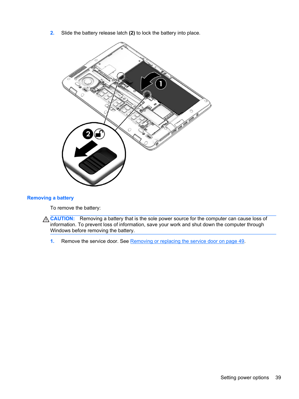 Removing a battery | HP EliteBook 840 G1 Notebook PC User Manual | Page 49 / 108
