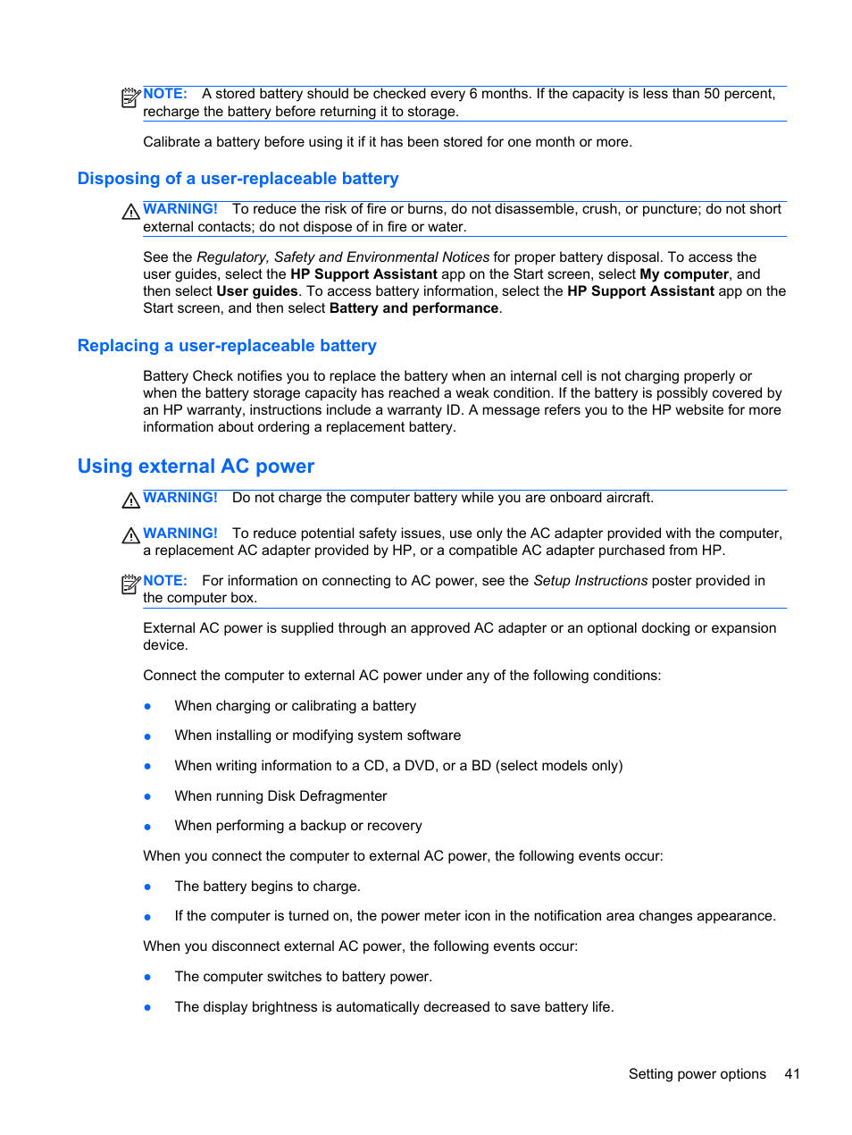 Disposing of a user-replaceable battery, Replacing a user-replaceable battery, Using external ac power | HP EliteBook 840 G1 Notebook PC User Manual | Page 51 / 108
