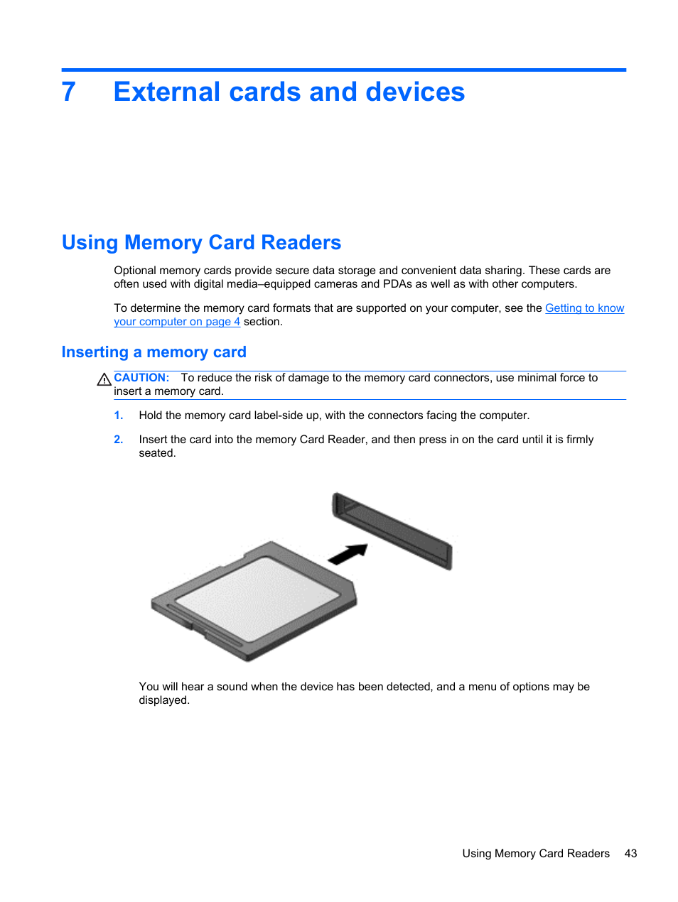 External cards and devices, Using memory card readers, Inserting a memory card | 7 external cards and devices, 7external cards and devices | HP EliteBook 840 G1 Notebook PC User Manual | Page 53 / 108