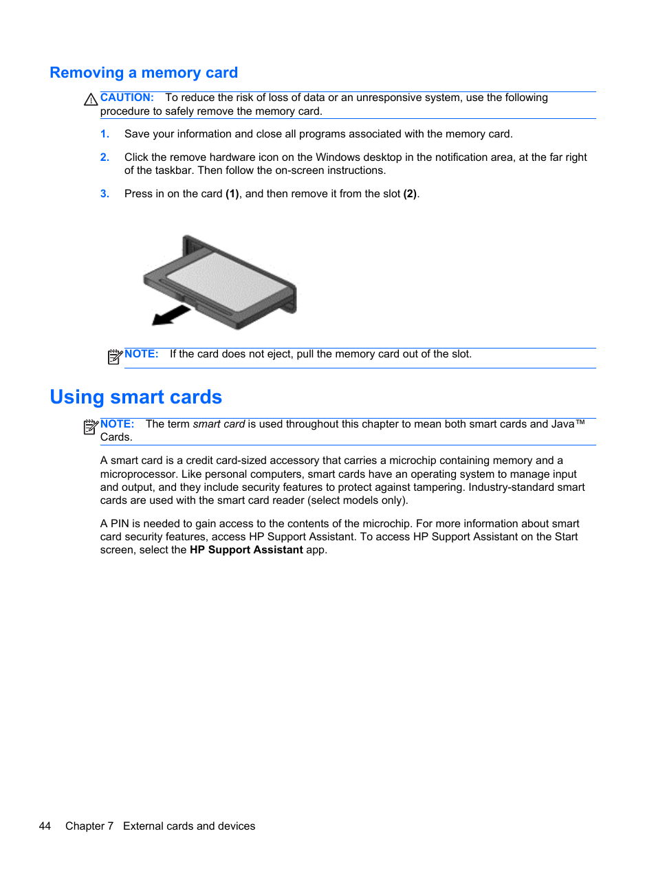 Removing a memory card, Using smart cards | HP EliteBook 840 G1 Notebook PC User Manual | Page 54 / 108