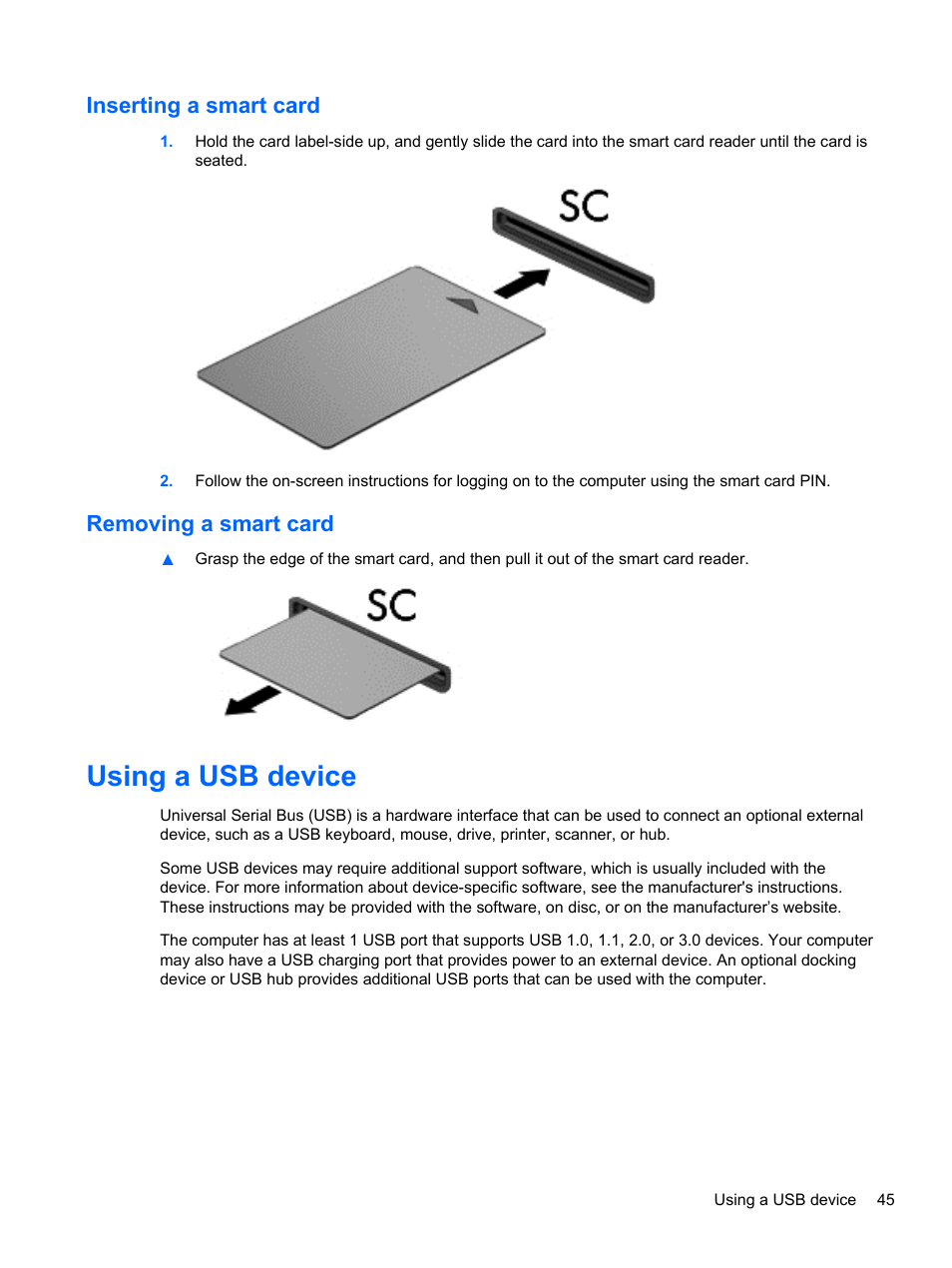 Inserting a smart card, Removing a smart card, Using a usb device | Inserting a smart card removing a smart card | HP EliteBook 840 G1 Notebook PC User Manual | Page 55 / 108