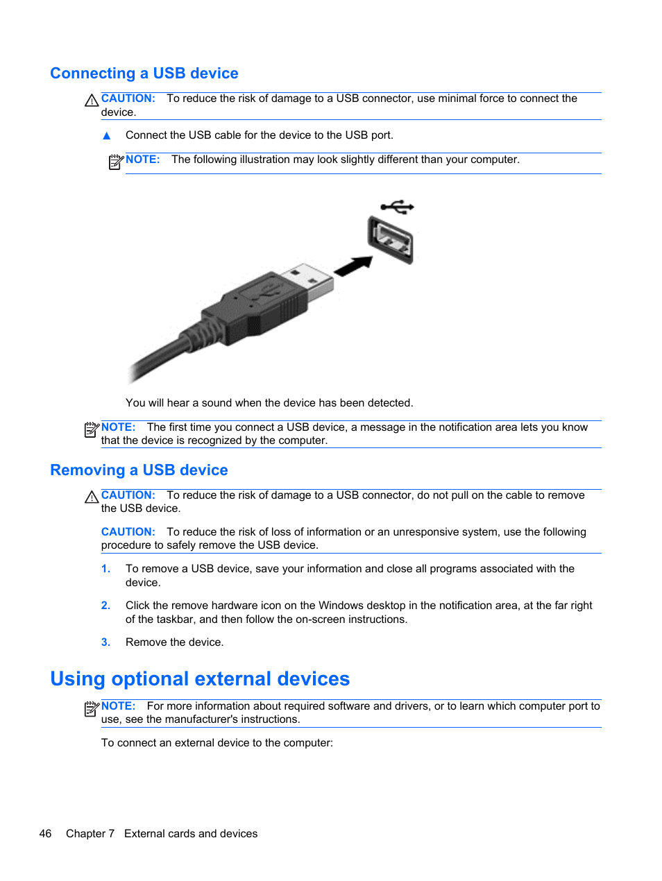 Connecting a usb device, Removing a usb device, Using optional external devices | Connecting a usb device removing a usb device | HP EliteBook 840 G1 Notebook PC User Manual | Page 56 / 108