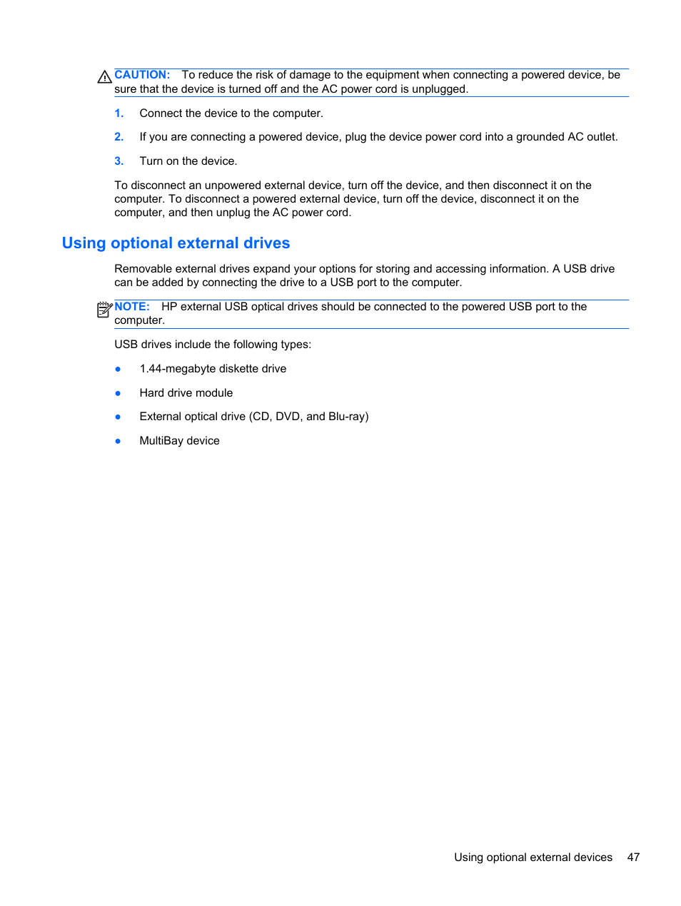 Using optional external drives | HP EliteBook 840 G1 Notebook PC User Manual | Page 57 / 108