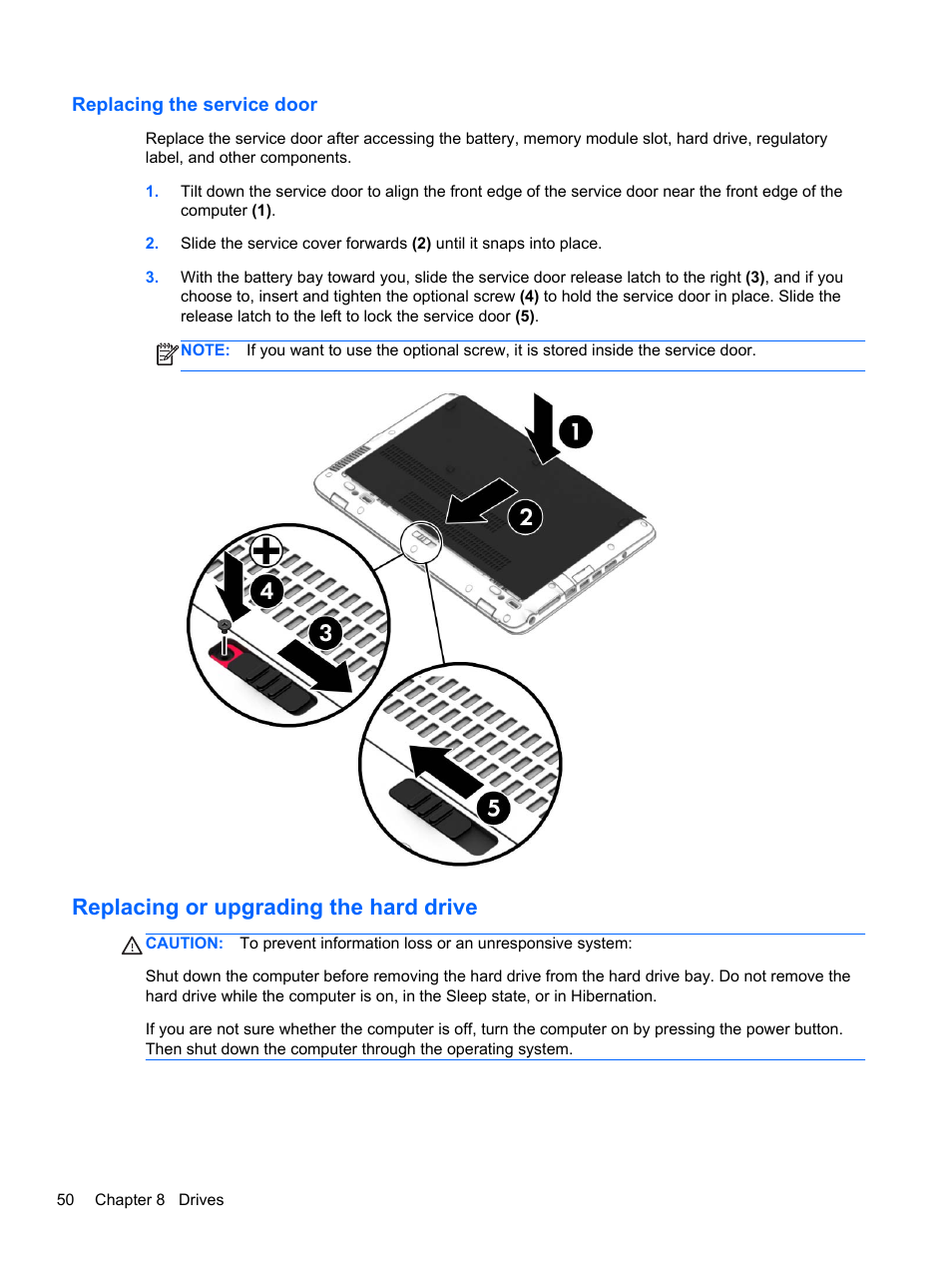 Replacing the service door, Replacing or upgrading the hard drive | HP EliteBook 840 G1 Notebook PC User Manual | Page 60 / 108