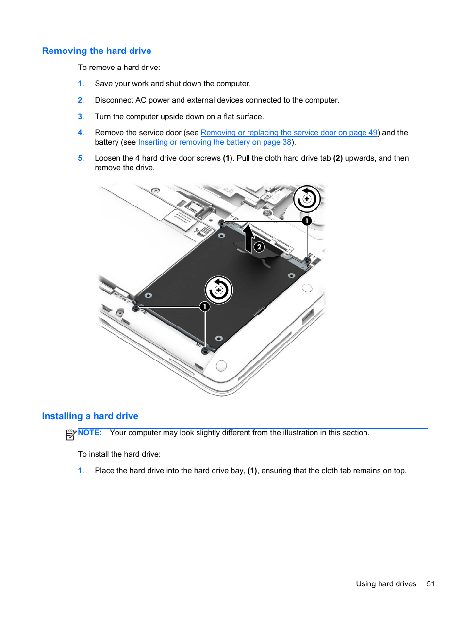 Removing the hard drive, Installing a hard drive, Removing the hard drive installing a hard drive | HP EliteBook 840 G1 Notebook PC User Manual | Page 61 / 108