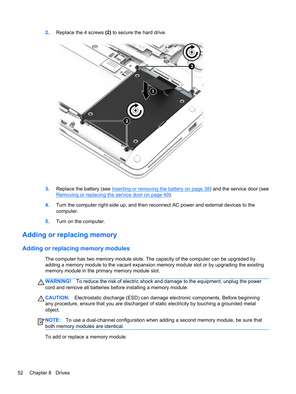 Adding or replacing memory, Adding or replacing memory modules | HP EliteBook 840 G1 Notebook PC User Manual | Page 62 / 108