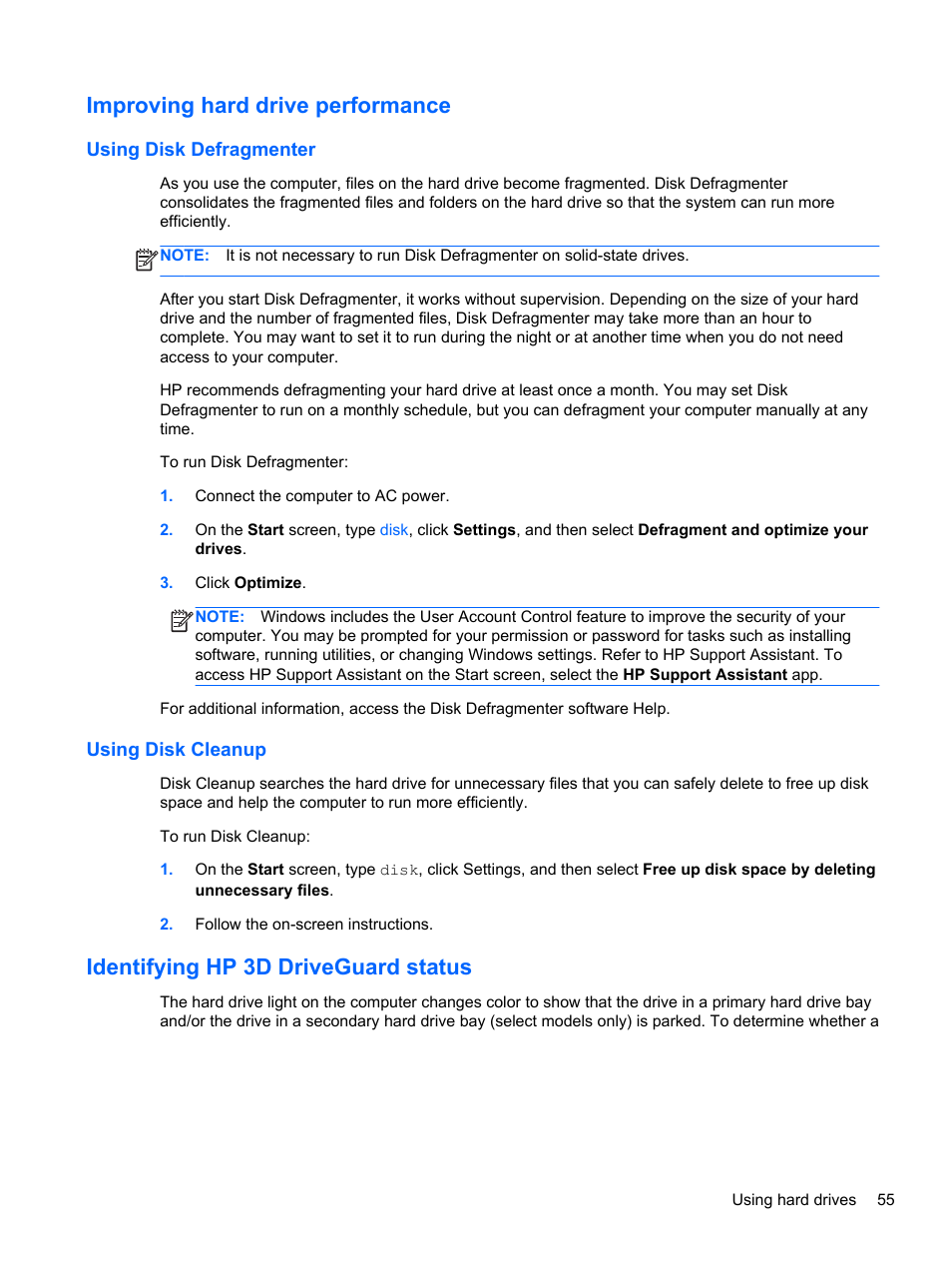 Improving hard drive performance, Using disk defragmenter, Using disk cleanup | Identifying hp 3d driveguard status, Using disk defragmenter using disk cleanup | HP EliteBook 840 G1 Notebook PC User Manual | Page 65 / 108