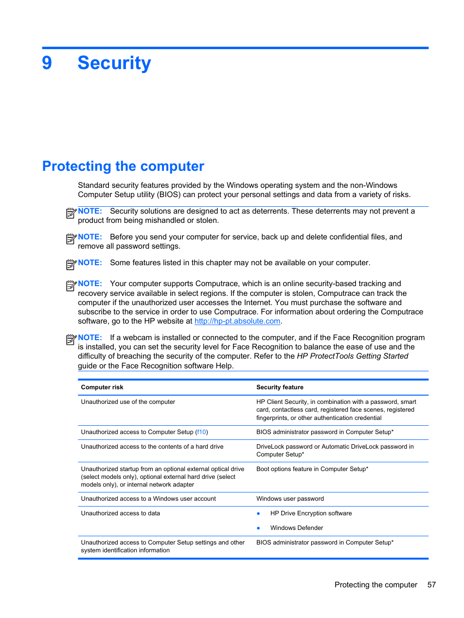 Security, Protecting the computer, 9 security | 9security | HP EliteBook 840 G1 Notebook PC User Manual | Page 67 / 108