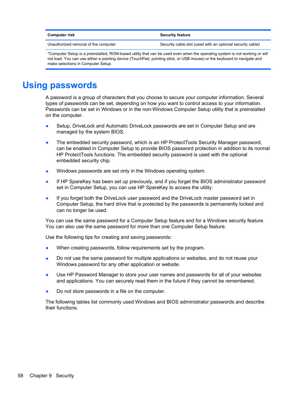 Using passwords | HP EliteBook 840 G1 Notebook PC User Manual | Page 68 / 108