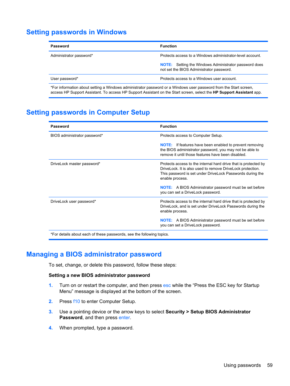Setting passwords in windows, Setting passwords in computer setup, Managing a bios administrator password | HP EliteBook 840 G1 Notebook PC User Manual | Page 69 / 108