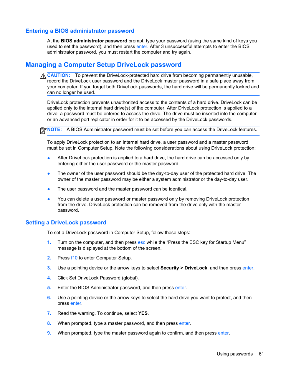 Entering a bios administrator password, Managing a computer setup drivelock password, Setting a drivelock password | HP EliteBook 840 G1 Notebook PC User Manual | Page 71 / 108