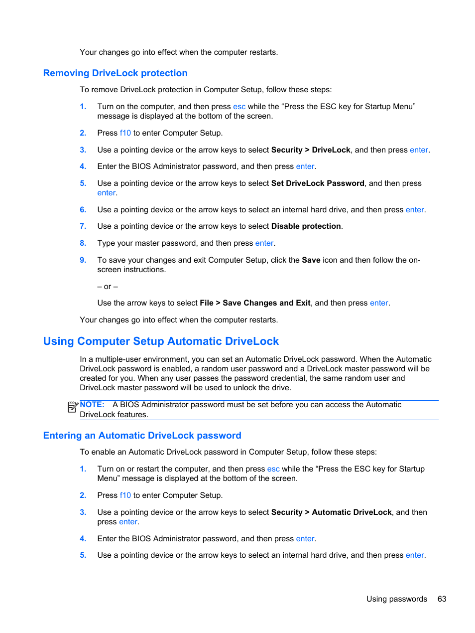 Removing drivelock protection, Using computer setup automatic drivelock, Entering an automatic drivelock password | HP EliteBook 840 G1 Notebook PC User Manual | Page 73 / 108