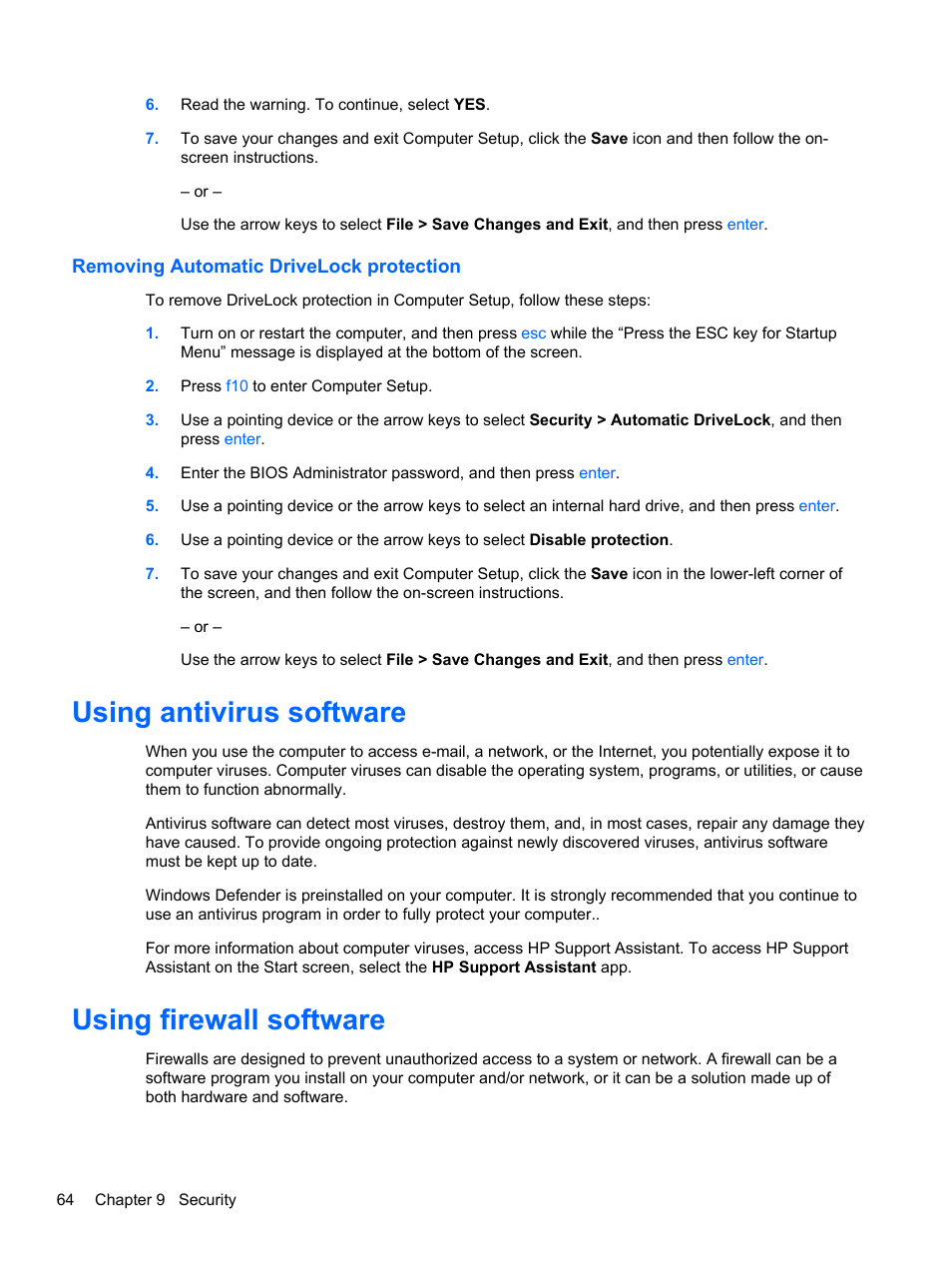 Removing automatic drivelock protection, Using antivirus software, Using firewall software | Using antivirus software using firewall software | HP EliteBook 840 G1 Notebook PC User Manual | Page 74 / 108