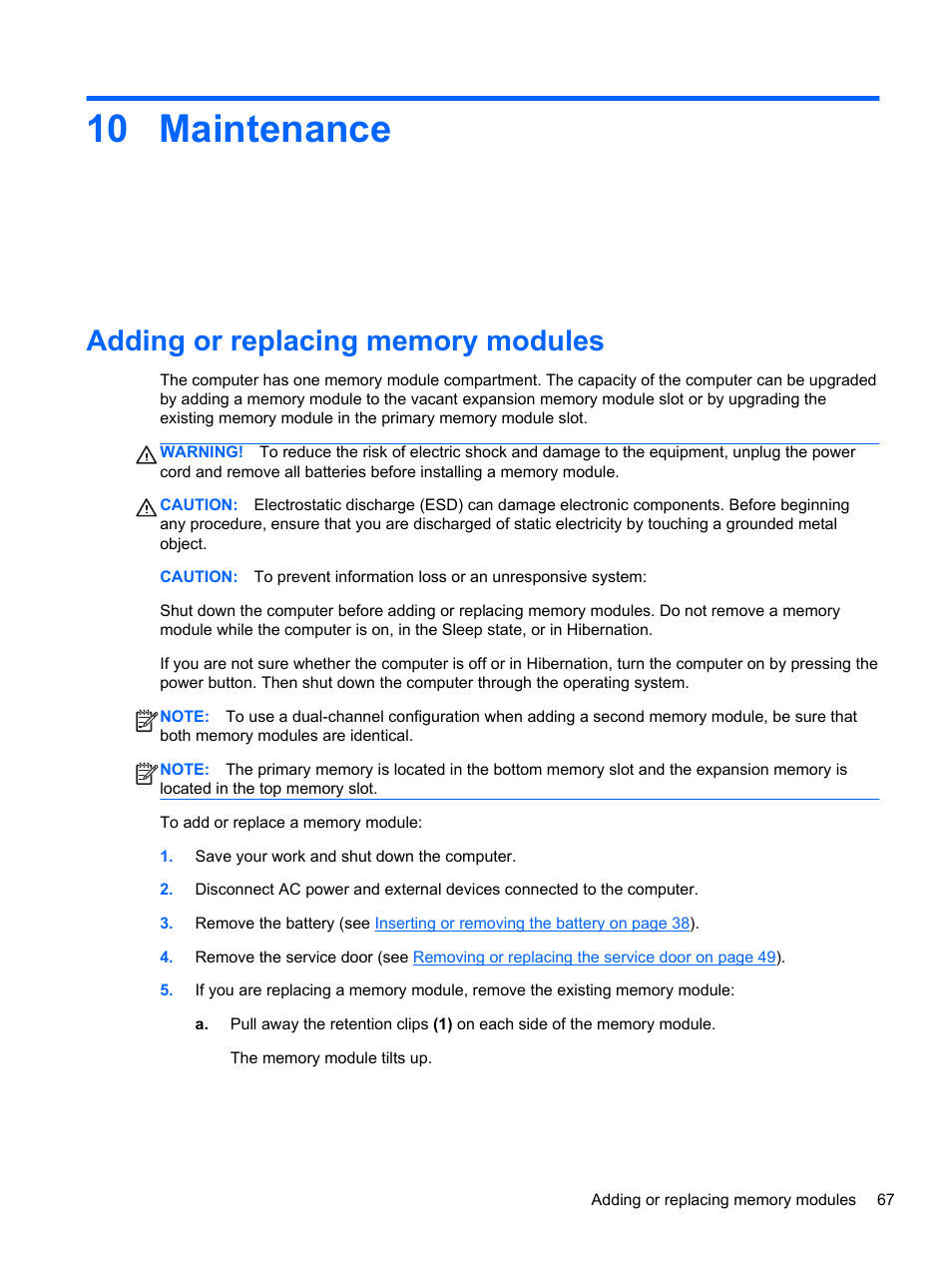 Maintenance, Adding or replacing memory modules, 10 maintenance | HP EliteBook 840 G1 Notebook PC User Manual | Page 77 / 108