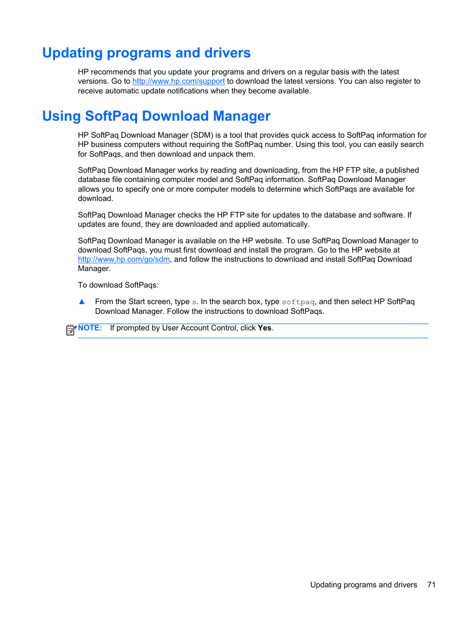 Updating programs and drivers, Using softpaq download manager | HP EliteBook 840 G1 Notebook PC User Manual | Page 81 / 108