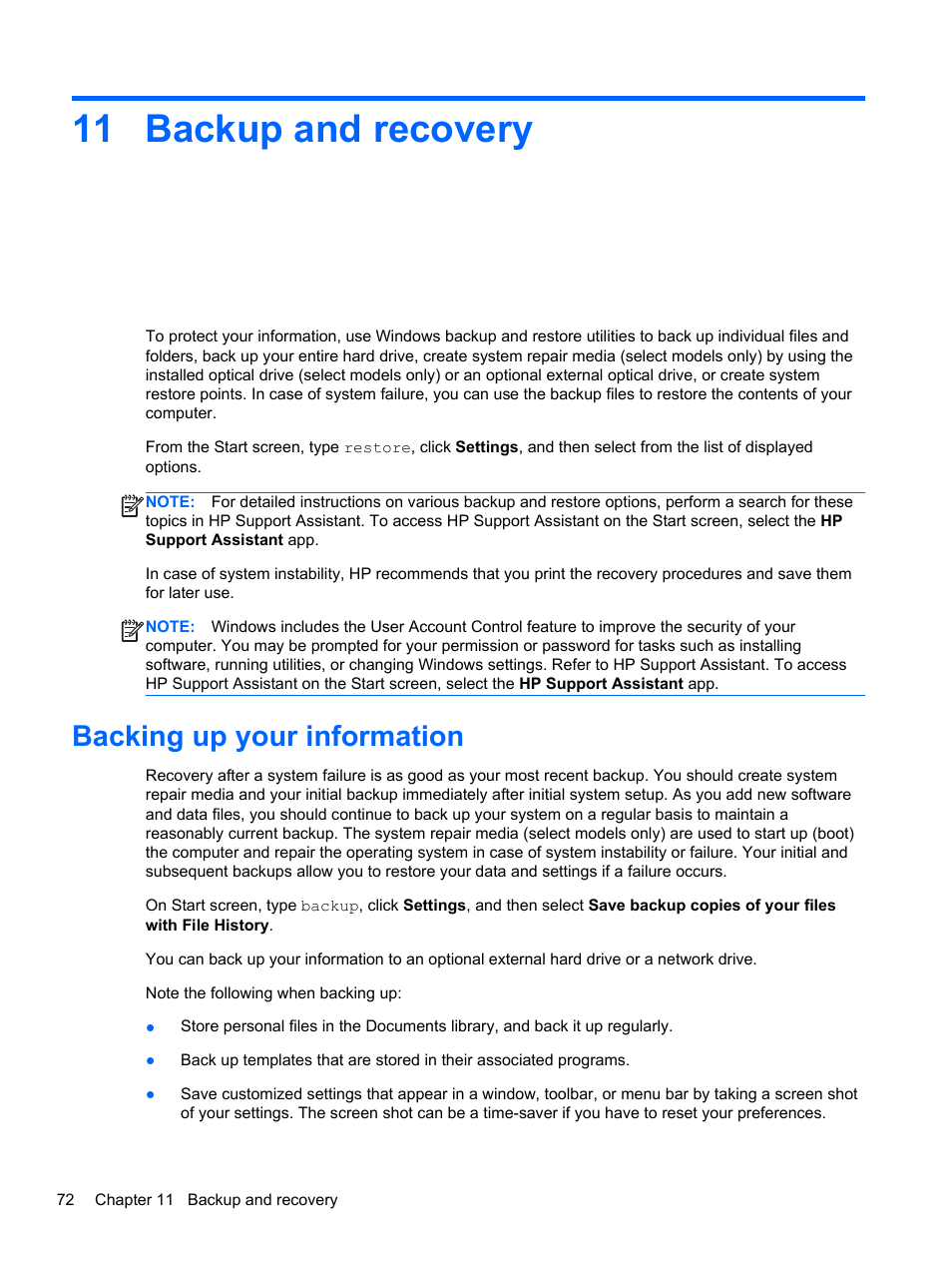 Backup and recovery, Backing up your information, 11 backup and recovery | Backup and | HP EliteBook 840 G1 Notebook PC User Manual | Page 82 / 108