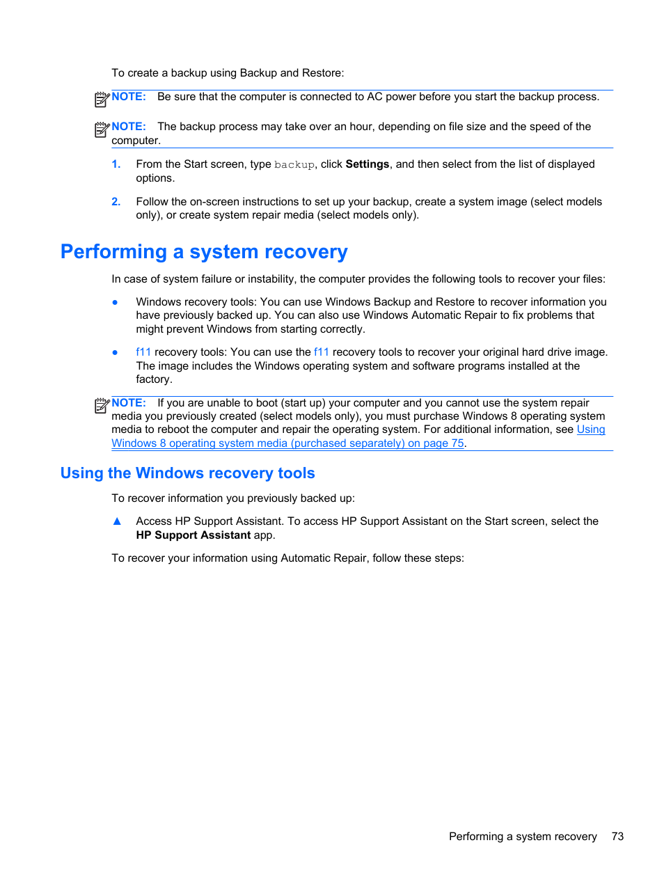 Performing a system recovery, Using the windows recovery tools | HP EliteBook 840 G1 Notebook PC User Manual | Page 83 / 108