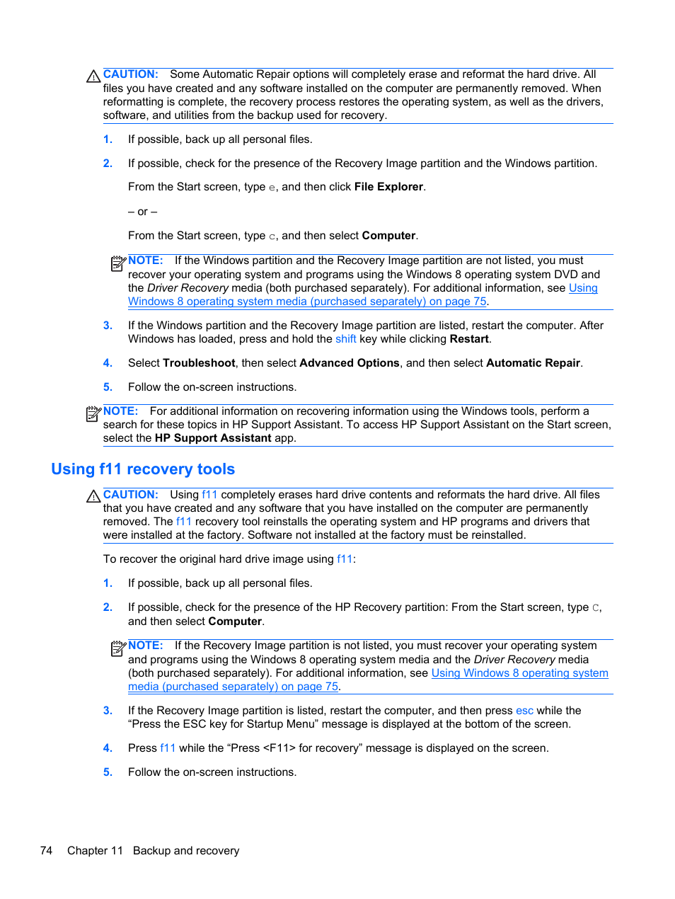 Using f11 recovery tools | HP EliteBook 840 G1 Notebook PC User Manual | Page 84 / 108