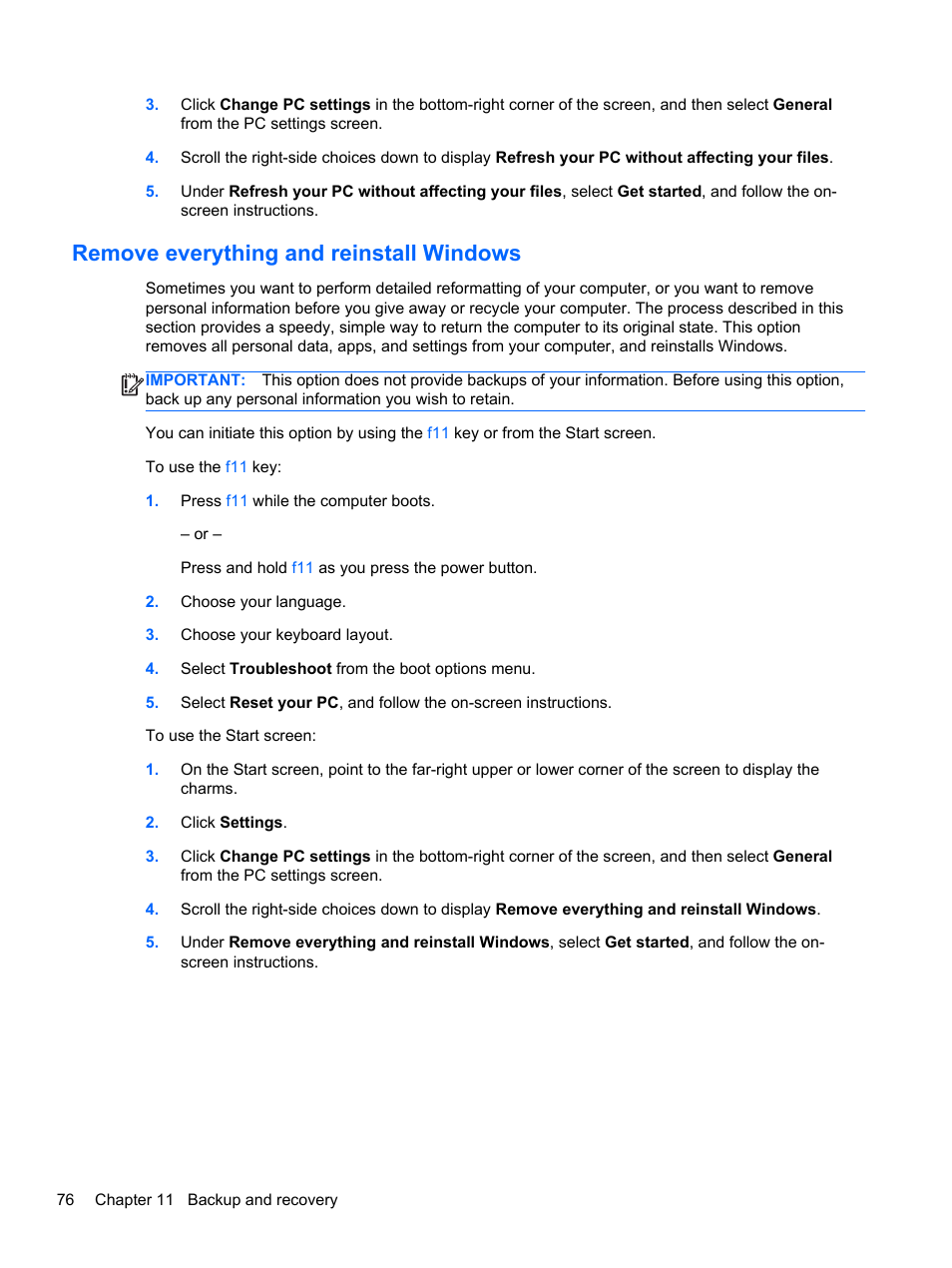Remove everything and reinstall windows | HP EliteBook 840 G1 Notebook PC User Manual | Page 86 / 108