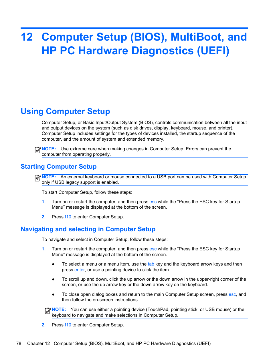 Using computer setup, Starting computer setup, Navigating and selecting in computer setup | HP EliteBook 840 G1 Notebook PC User Manual | Page 88 / 108