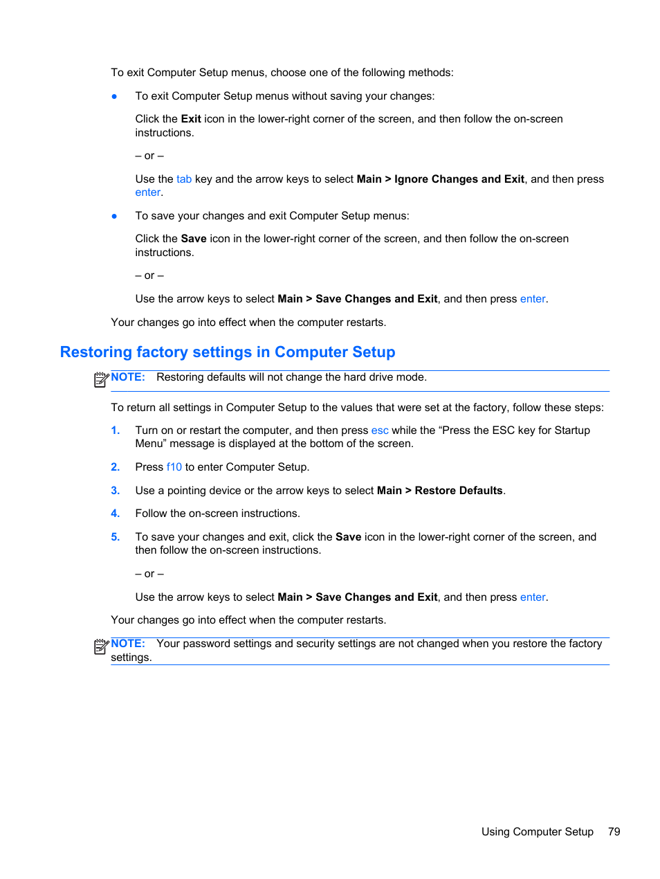 Restoring factory settings in computer setup | HP EliteBook 840 G1 Notebook PC User Manual | Page 89 / 108