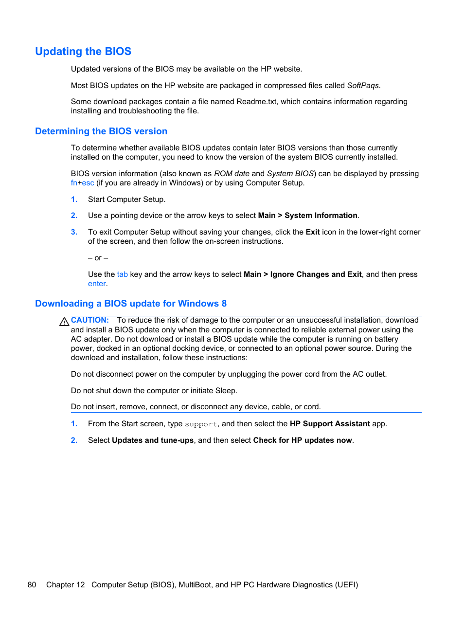 Updating the bios, Determining the bios version, Downloading a bios update for windows 8 | HP EliteBook 840 G1 Notebook PC User Manual | Page 90 / 108