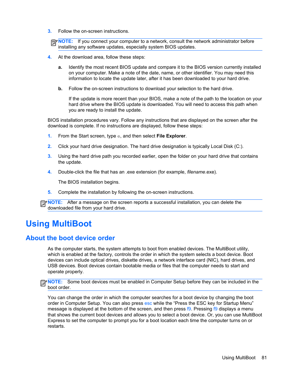 Using multiboot, About the boot device order | HP EliteBook 840 G1 Notebook PC User Manual | Page 91 / 108