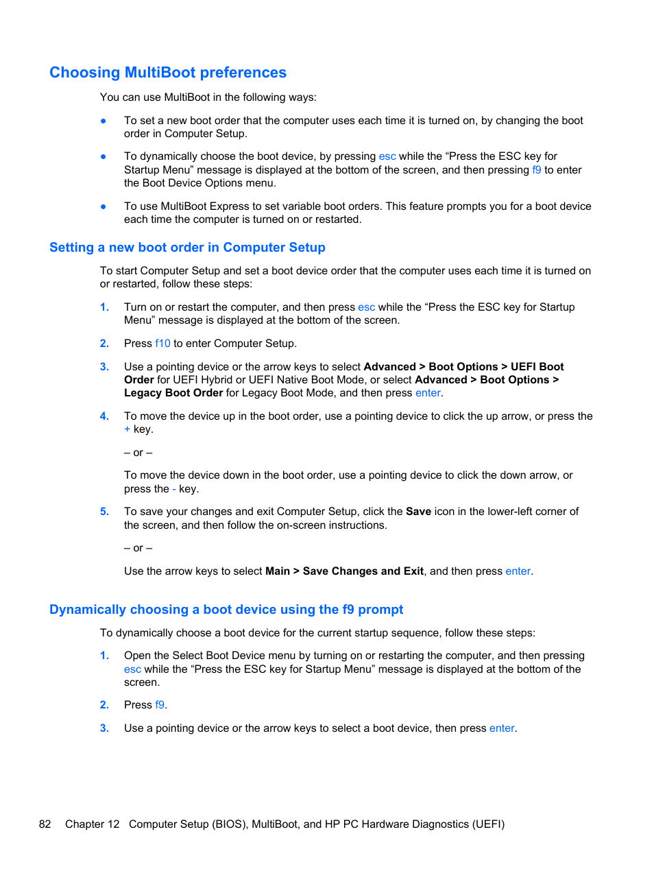 Choosing multiboot preferences, Setting a new boot order in computer setup | HP EliteBook 840 G1 Notebook PC User Manual | Page 92 / 108