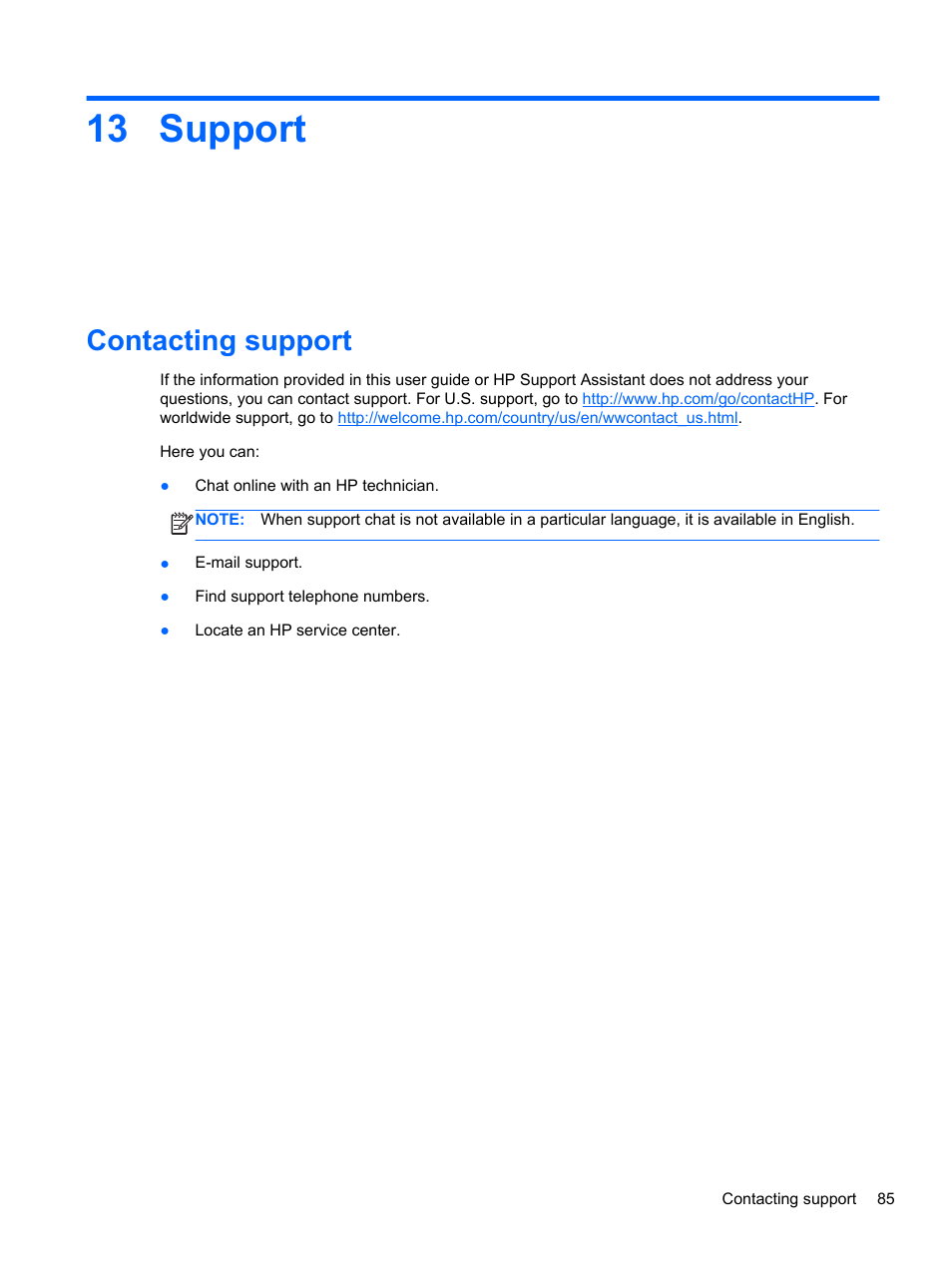 Support, Contacting support, 13 support | HP EliteBook 840 G1 Notebook PC User Manual | Page 95 / 108