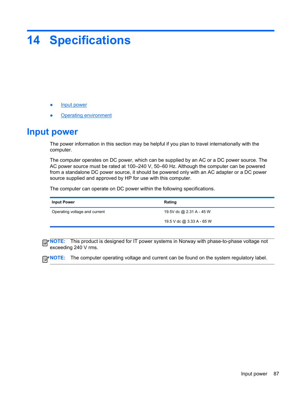 Specifications, Input power, 14 specifications | HP EliteBook 840 G1 Notebook PC User Manual | Page 97 / 108