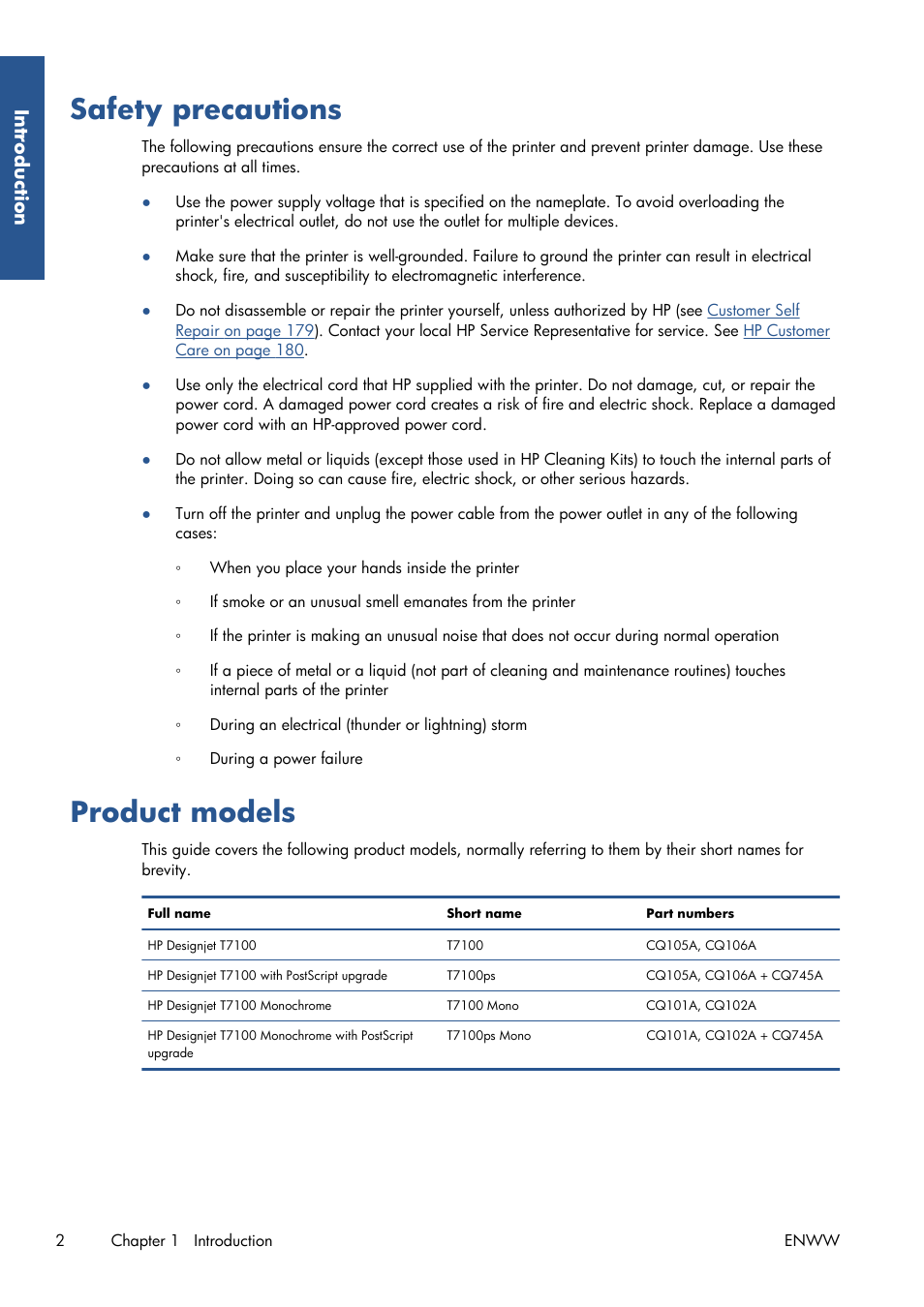 Safety precautions, Product models, Safety precautions product models | HP Designjet T7100 Printer series User Manual | Page 10 / 217