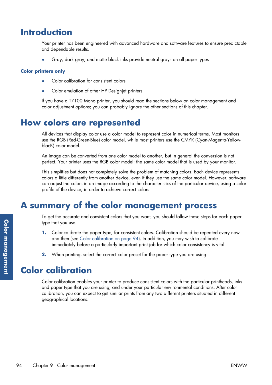 Introduction, How colors are represented, A summary of the color management process | Color calibration | HP Designjet T7100 Printer series User Manual | Page 102 / 217