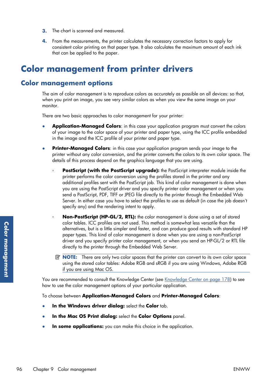 Color management from printer drivers, Color management options | HP Designjet T7100 Printer series User Manual | Page 104 / 217