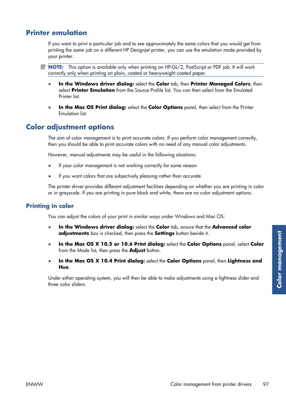 Printer emulation, Color adjustment options, Printing in color | HP Designjet T7100 Printer series User Manual | Page 105 / 217