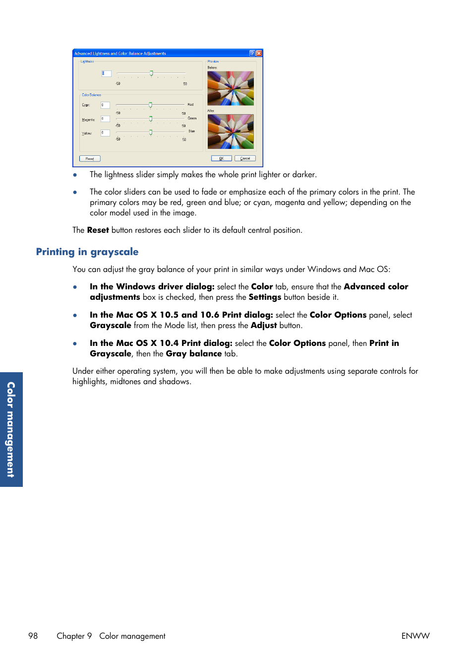 Printing in grayscale | HP Designjet T7100 Printer series User Manual | Page 106 / 217