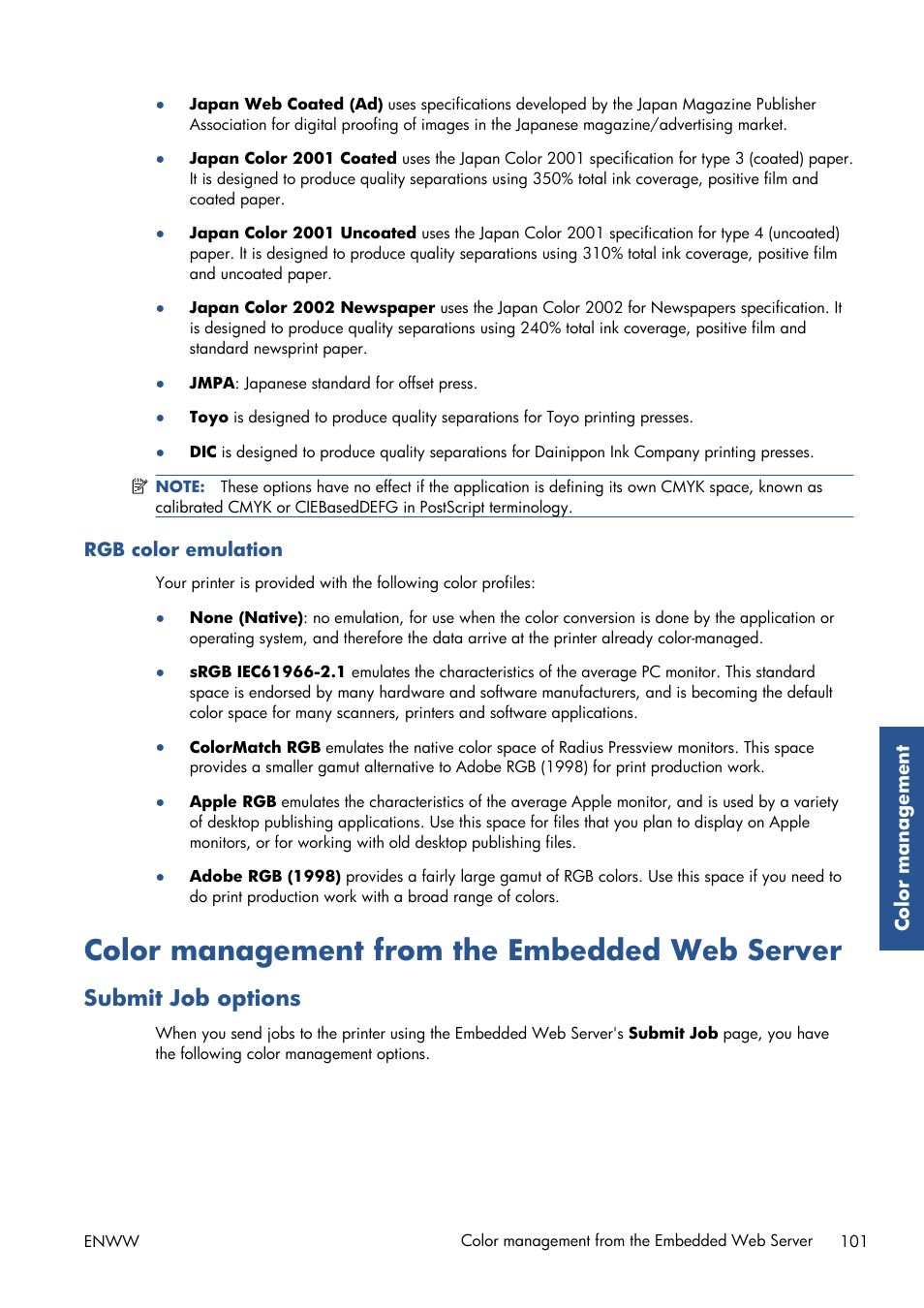 Rgb color emulation, Color management from the embedded web server, Submit job options | HP Designjet T7100 Printer series User Manual | Page 109 / 217