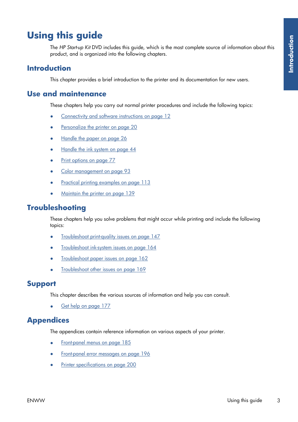 Using this guide, Introduction, Use and maintenance | Troubleshooting, Support, Appendices | HP Designjet T7100 Printer series User Manual | Page 11 / 217