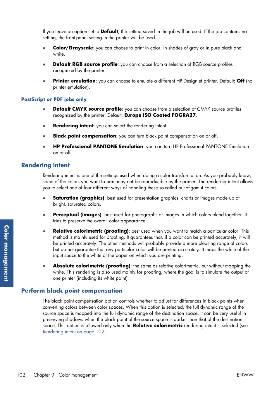 Rendering intent, Perform black point compensation | HP Designjet T7100 Printer series User Manual | Page 110 / 217