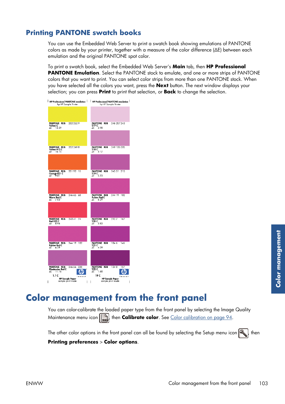 Printing pantone swatch books, Color management from the front panel | HP Designjet T7100 Printer series User Manual | Page 111 / 217