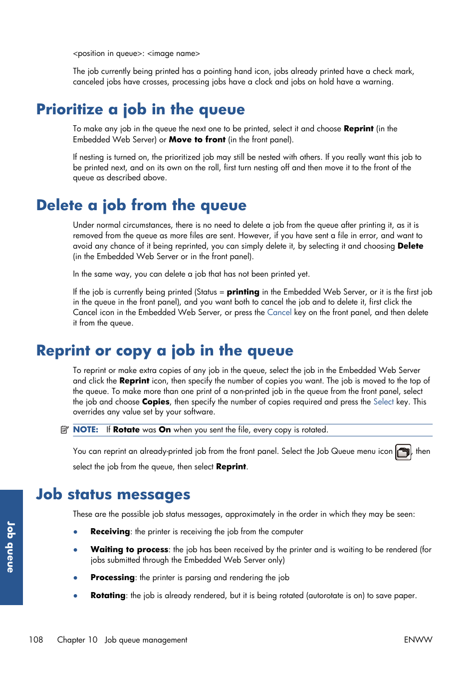 Prioritize a job in the queue, Delete a job from the queue, Reprint or copy a job in the queue | Job status messages | HP Designjet T7100 Printer series User Manual | Page 116 / 217