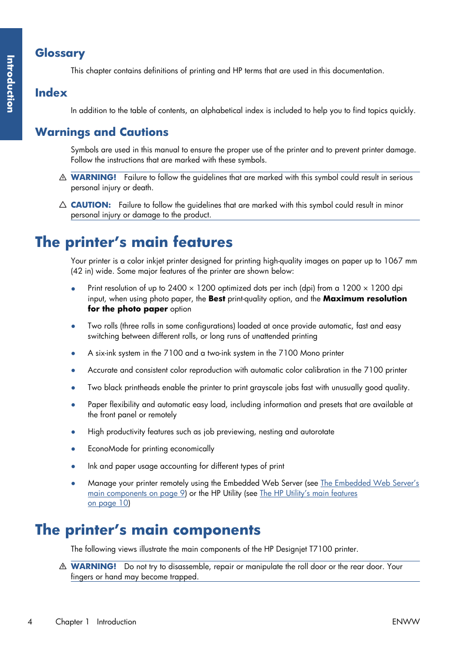 Glossary, Index, Warnings and cautions | The printer’s main features, The printer’s main components | HP Designjet T7100 Printer series User Manual | Page 12 / 217