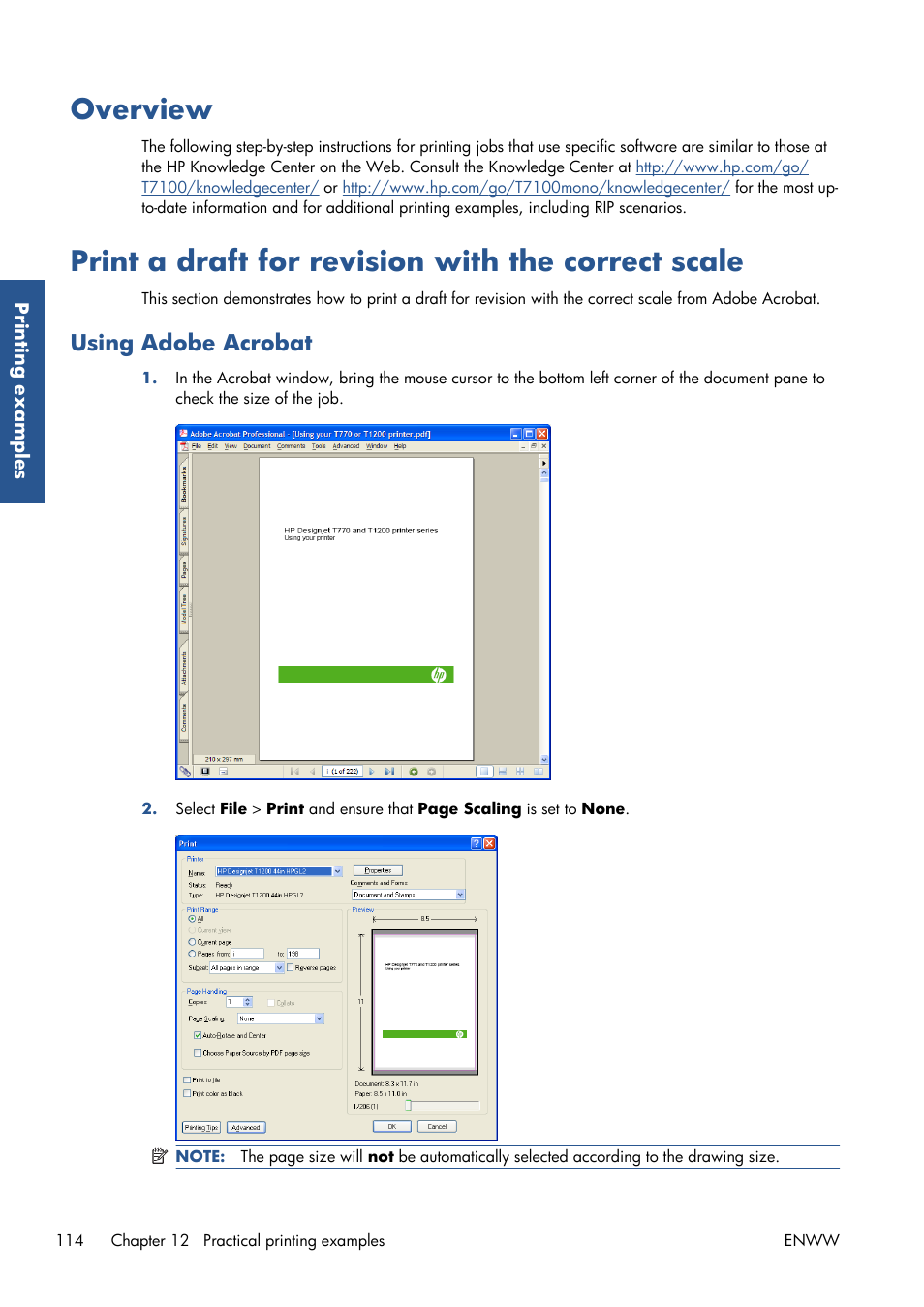 Overview, Print a draft for revision with the correct scale, Using adobe acrobat | HP Designjet T7100 Printer series User Manual | Page 122 / 217