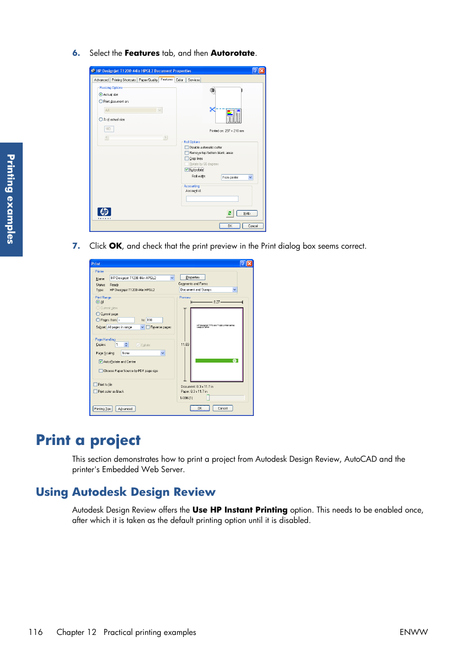 Print a project, Using autodesk design review | HP Designjet T7100 Printer series User Manual | Page 124 / 217