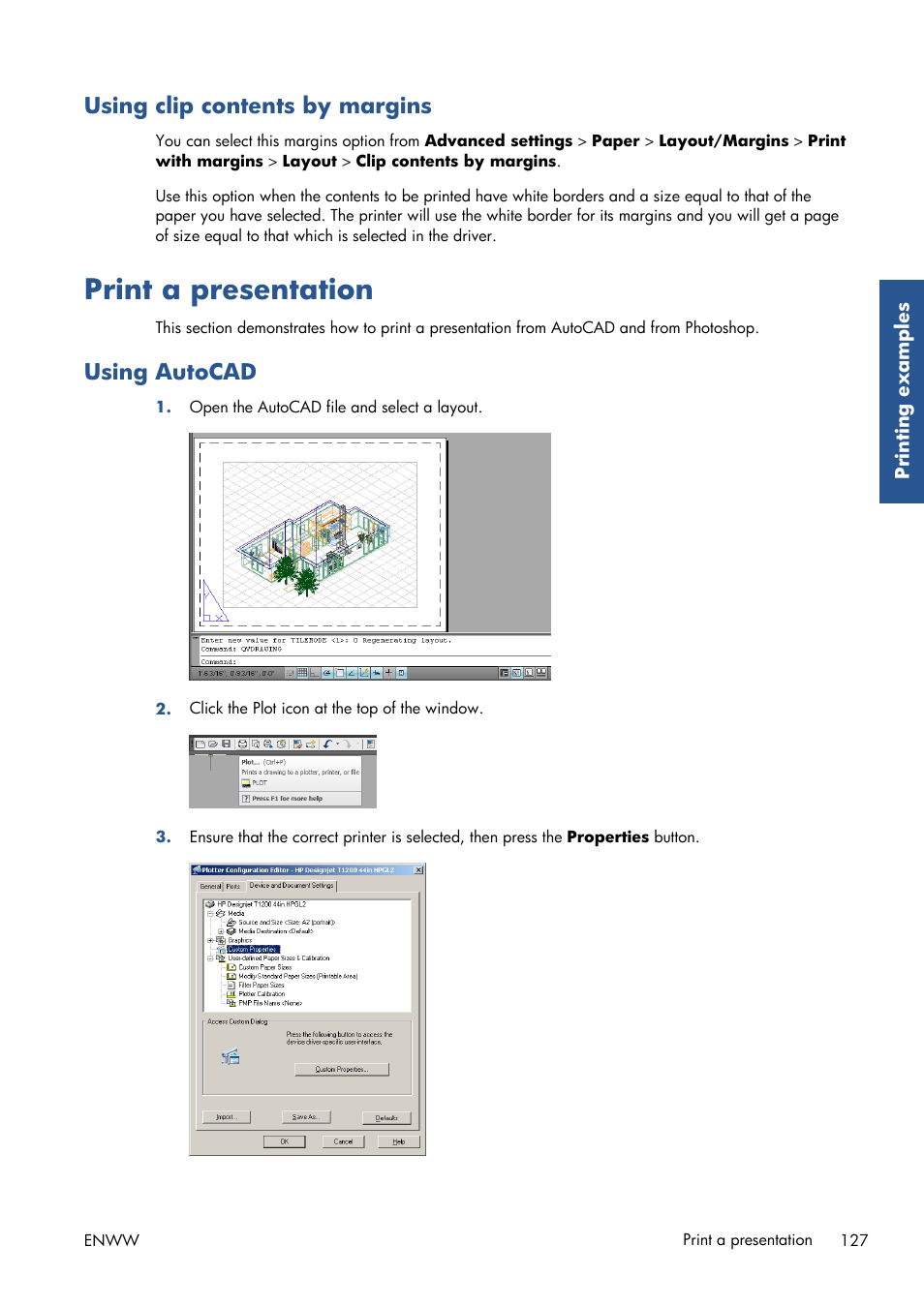 Using clip contents by margins, Print a presentation, Using autocad | HP Designjet T7100 Printer series User Manual | Page 135 / 217