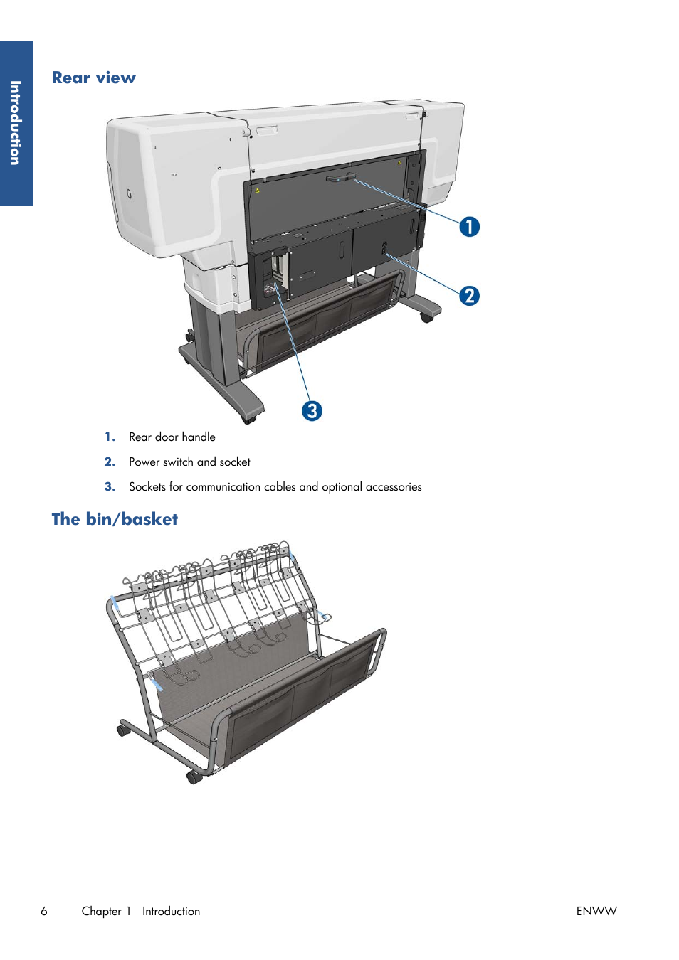 Rear view, The bin/basket | HP Designjet T7100 Printer series User Manual | Page 14 / 217