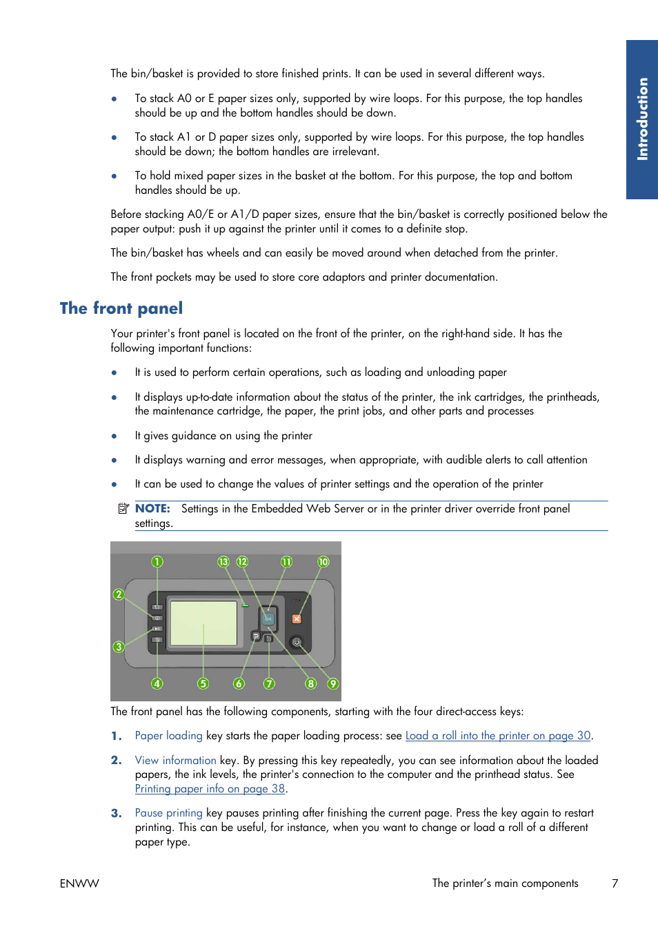 The front panel | HP Designjet T7100 Printer series User Manual | Page 15 / 217