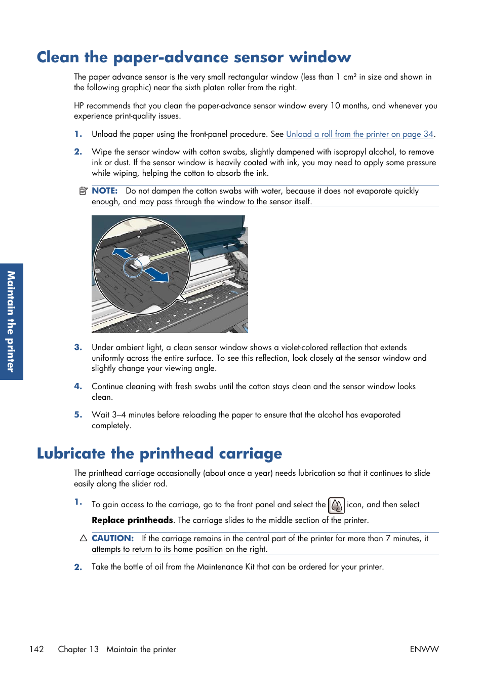 Clean the paper-advance sensor window, Lubricate the printhead carriage, Clean | HP Designjet T7100 Printer series User Manual | Page 150 / 217