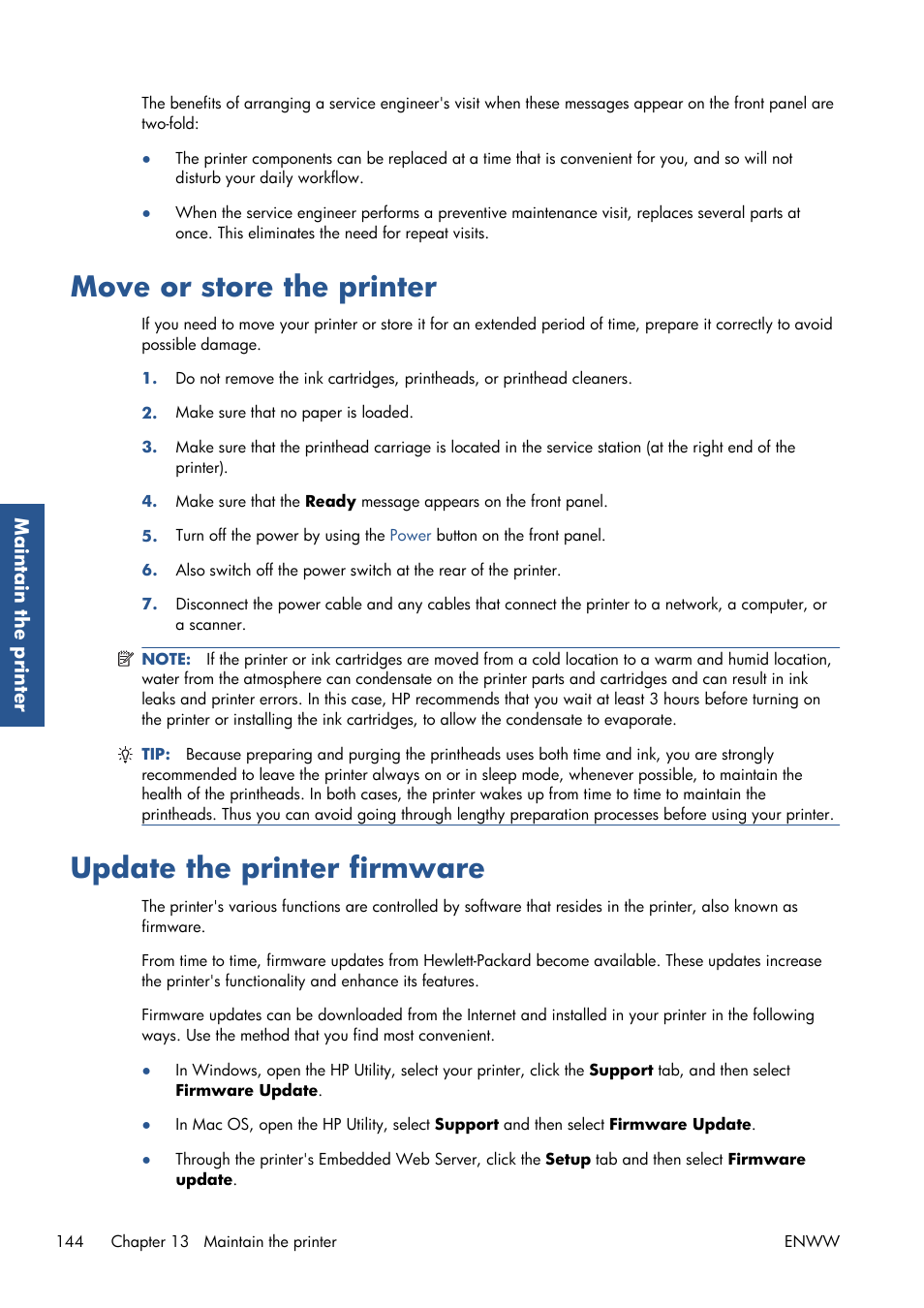 Move or store the printer, Update the printer firmware | HP Designjet T7100 Printer series User Manual | Page 152 / 217