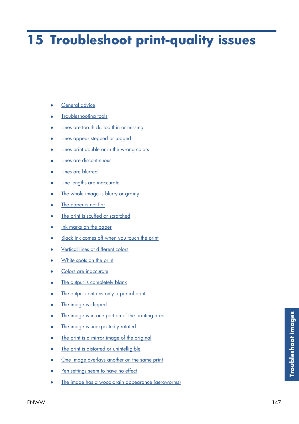 Troubleshoot print-quality issues, 15 troubleshoot print-quality issues | HP Designjet T7100 Printer series User Manual | Page 155 / 217