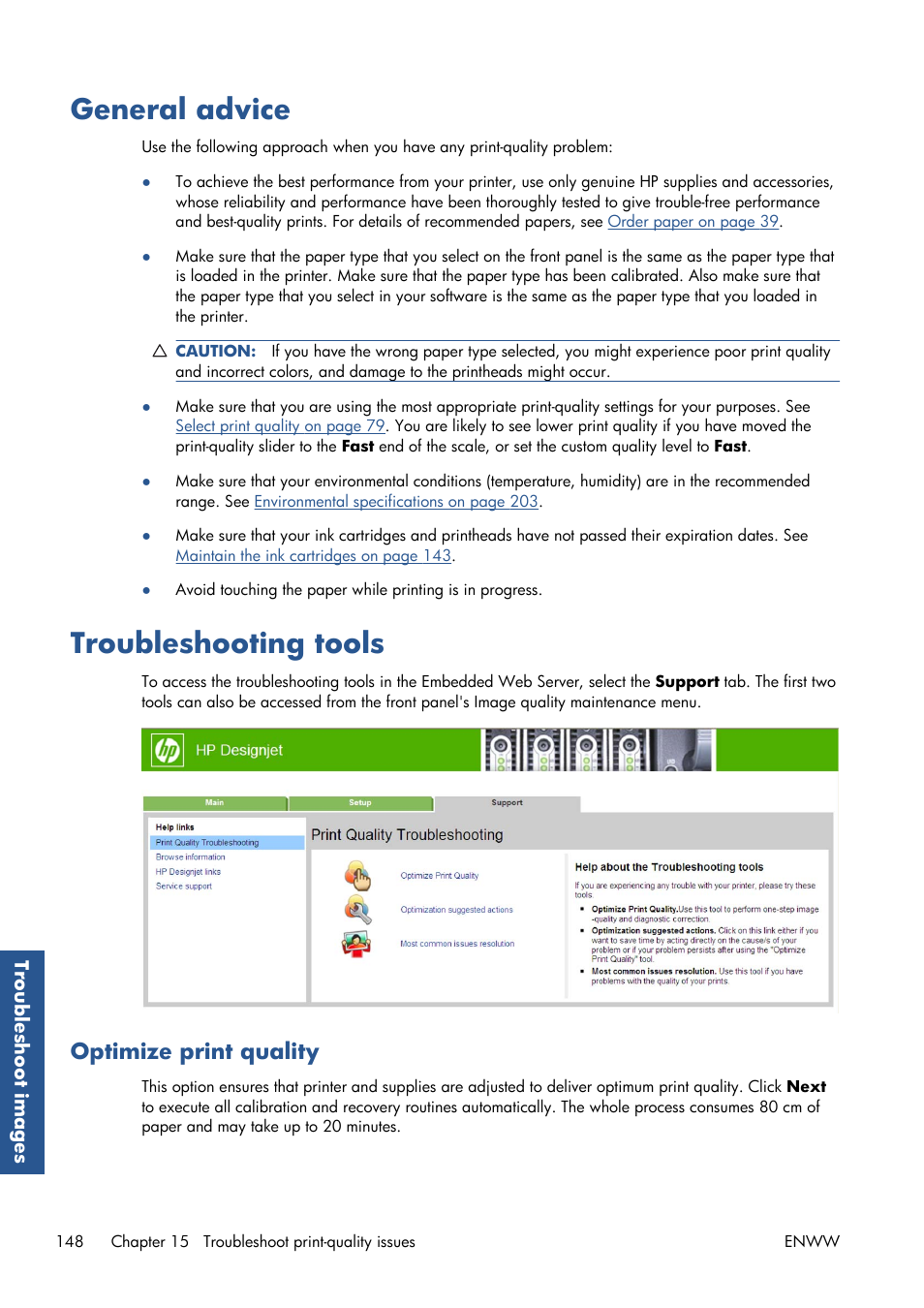 General advice, Troubleshooting tools, Optimize print quality | General advice troubleshooting tools | HP Designjet T7100 Printer series User Manual | Page 156 / 217